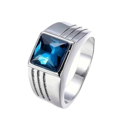 Men's ring with square blue zircon new, stainless steel 201