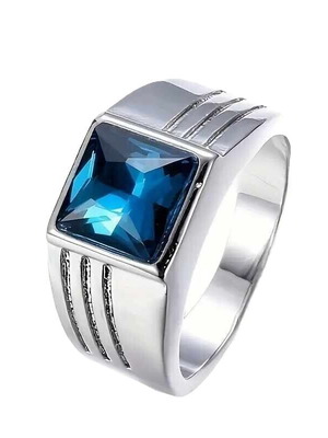 Men's ring with square blue zircon new, stainless steel 201