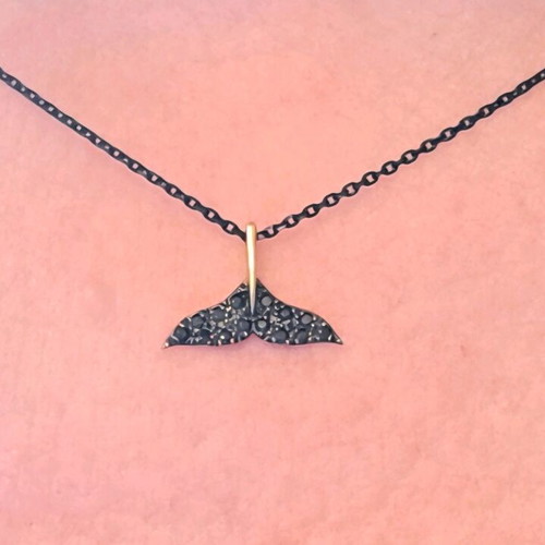 Krinaki Whale Tail Necklace 14K Gold with Black Zircon and Oxidized Chain new