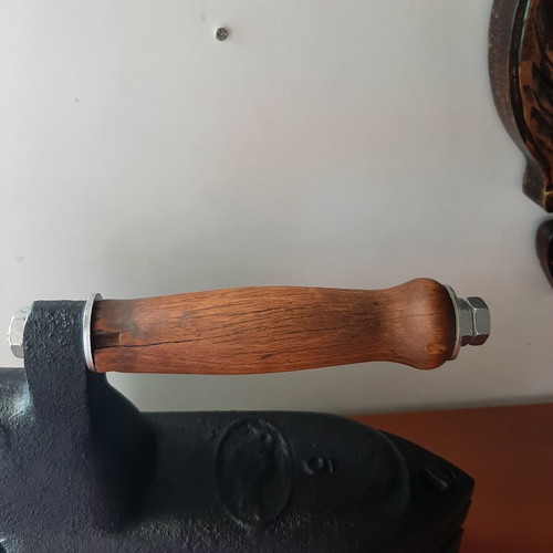 Large vintage charcoal iron "tailor's" with wooden handle