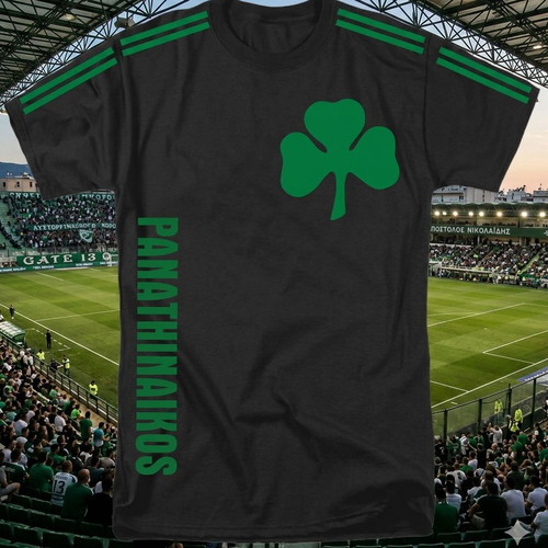 Panathinaikos Cotton T Shirt with DTF Print Logo and Stripes New
