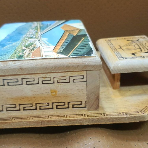 Wooden cigarette and matchbox case used, Achilles and ship design