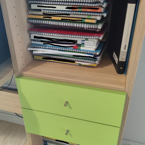 Modeco children's room bookshelf and desk set used, pine and green