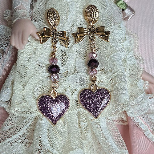 Handmade vintage purple pearl earrings with heart and bow