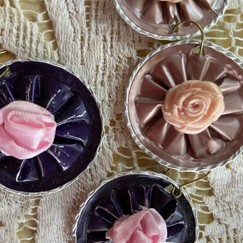 Handmade earrings set from espresso capsules with fabric roses, like new