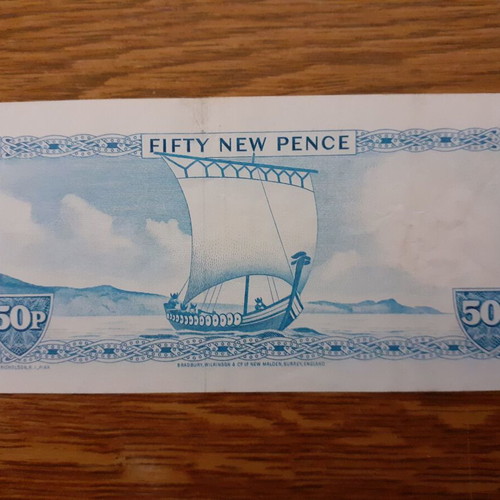 Bank of Isle of Man 50 Pence 1979 used with small tear