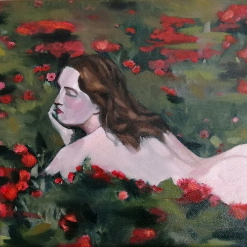 Original oil painting nude woman with flowers new, on stretched canvas 30x30cm
