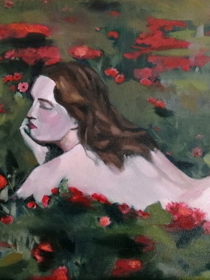 Original oil painting nude woman with flowers new, on stretched canvas 30x30cm