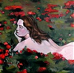  Αυθεντικός πίνακας ζωγραφικής, γυμνό γυναίκας με λουλούδια
