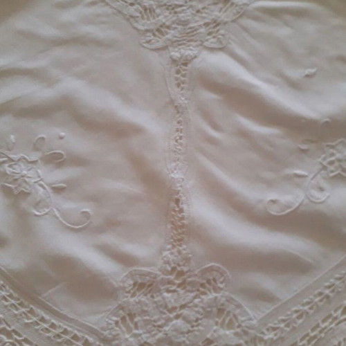 Set of two white cutwork embroidered doilies used, traditional handicrafts