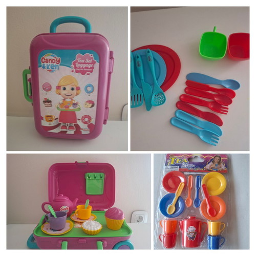 Toy Kitchen Set like new with tea set luggage and utensils