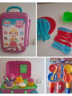 Toy Kitchen Set like new with tea set luggage and utensils