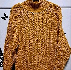 Καινουριο γυναικείο πλεκτό πουλόβερ με πέρλες, εχει χρώμα μουστάρδα,πολυ ωραιο από κοντά one size