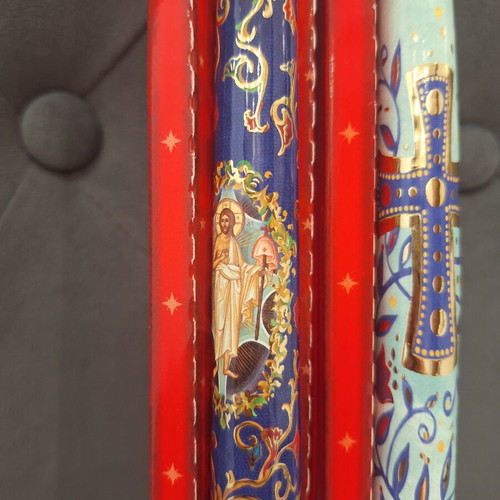 Easter candles set of 2 new with religious designs and gold print