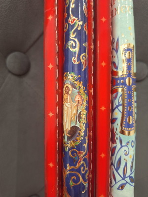 Easter candles set of 2 new with religious designs and gold print