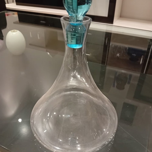 Glass carafe with turquoise spherical stopper, used