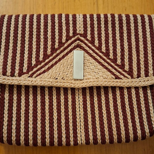 Handmade knitted bag used beige and burgundy with chain
