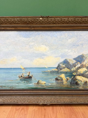 Oil painting by Spyridon Papanikolaou used, boat on shore