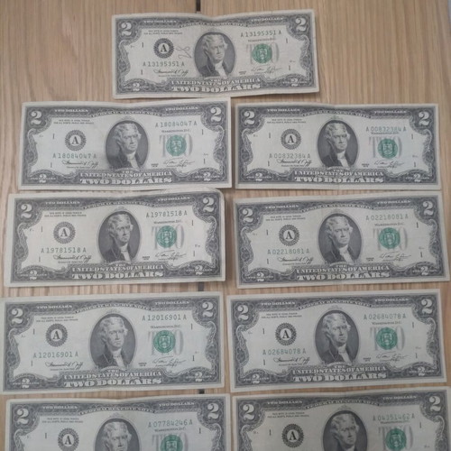Two dollar banknotes 1976, pack of 9