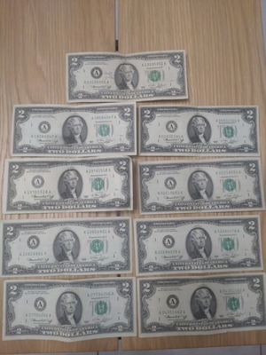 Two dollar banknotes 1976, pack of 9