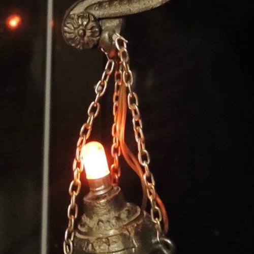 Vintage Hanging Oil Lamp used, brass with carved arm