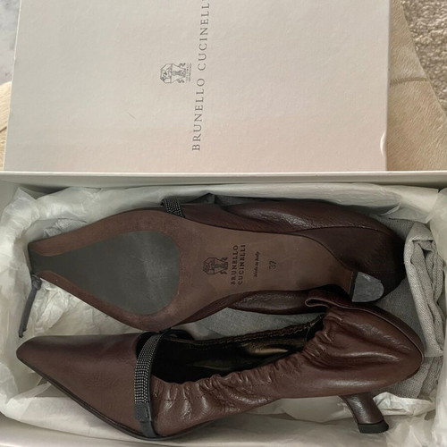 Brunello Cucinelli Monili-Strap leather kitten heels like new, espresso brown
