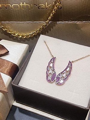 Angel wings pendant necklace silver 925 with pink zircon stones