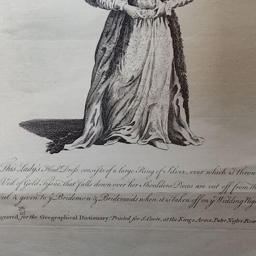 Copper engraving used, bridal dress of Greek lady with wedding customs description