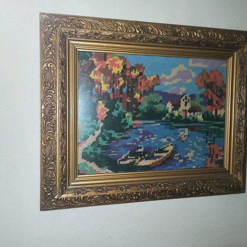 Vintage embroidered paintings, set of two with carved frame