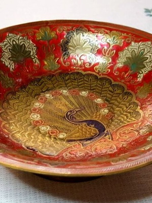 Vintage Cloisonne χαλκίνο μπολ μεταχειρισμένο με παγώνι