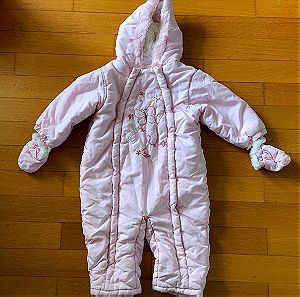 Ολόσωμη φόρμα εξόδου ροζ με γάντια και γούνινο κουκούλα 18-23 μηνών