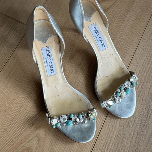Jimmy Choo Lotus silver leather crystal shoes used size 38.5
