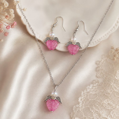 Pink Angel jewelry set with necklace and earrings, handmade