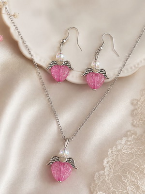 Pink Angel jewelry set with necklace and earrings, handmade