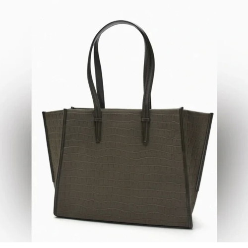 Zara viral Mock Croc canvas shoulder tote bag, khaki olive green