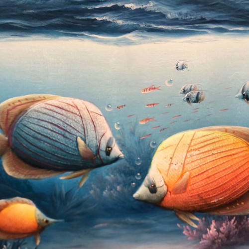 Canvas painting "Βυθος με τροπικα ψαρια" like new with wooden frame 83x108 cm
