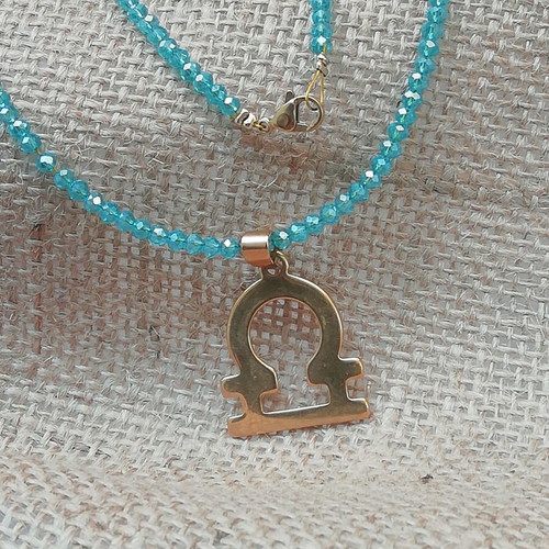 Libra necklace gold-plated pendant new with transparent blue iridescent color