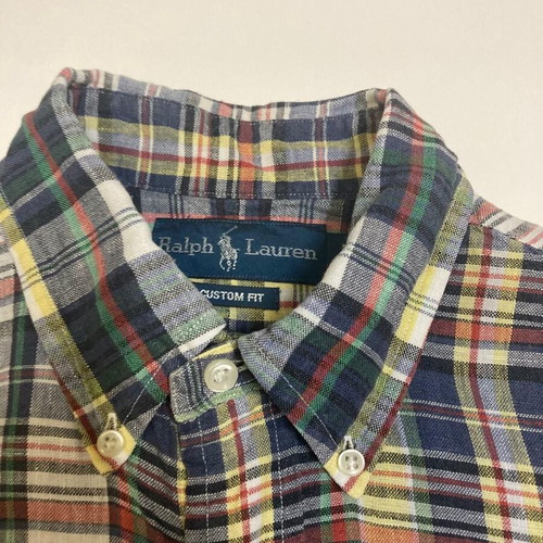 Ralph Lauren Oxford shirt, custom fit, green plaid, dark blue pony, size S