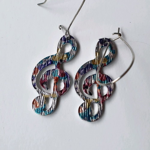 Treble clef earrings dangle with colors