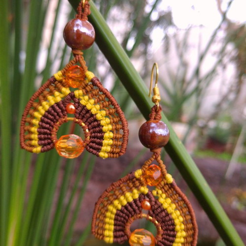 Oleander earrings with macrame art, beads, handmade, new