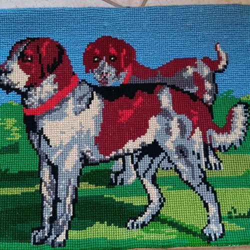 Handmade cross-stitch canvas with two dogs, like new, 48x38 cm