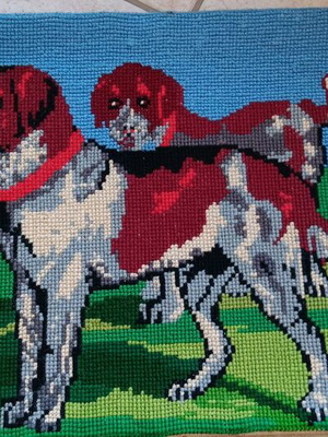Handmade cross-stitch canvas with two dogs, like new, 48x38 cm