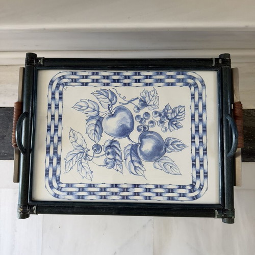 Vintage Bamboo Tray "Tiffany" Handpainted with Glass, collectible
