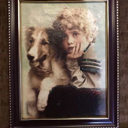 Vintage art prints used, set of 2, decoupage technique with children and dogs