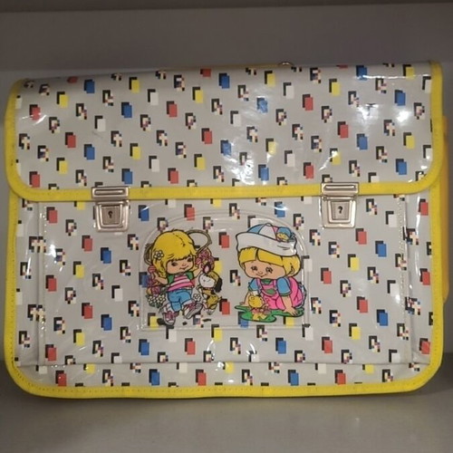 Vintage 1980s school bag with pixel pattern and girl figure