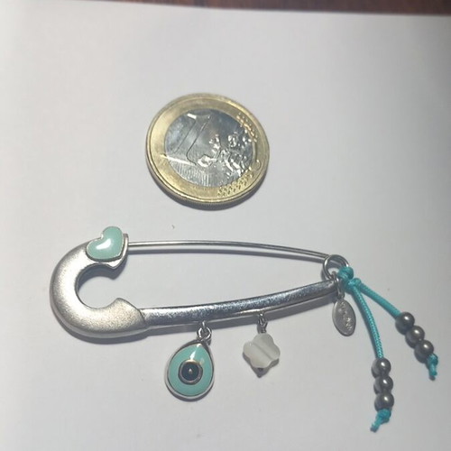 Gregio silver safety pin with turquoise enamel and mother of pearl charm new
