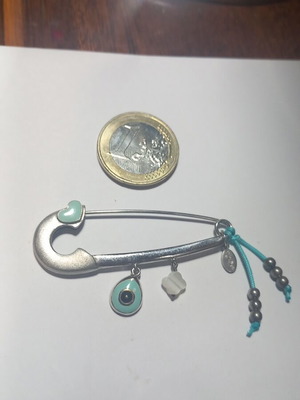 Gregio silver safety pin with turquoise enamel and mother of pearl charm new