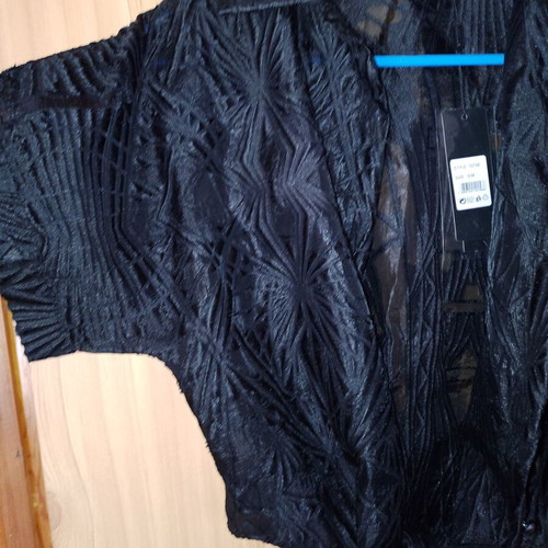 Jasmine short-sleeve blouse with embossed design and front tie, new, black, sizes S/M