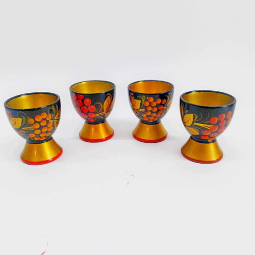 Vintage Russian Khokhloma Egg Cups Set of 4, Handpainted Wood