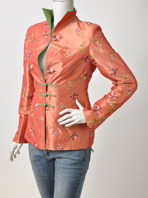 Women's coral jacket with floral embroidery and frog closures